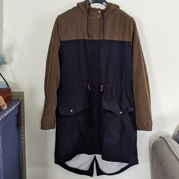 OLD NAVY Women’s Olive/Navy Blue Longtail Coat with Faux Fur Lining and Hood, L - Picture 1 of 8